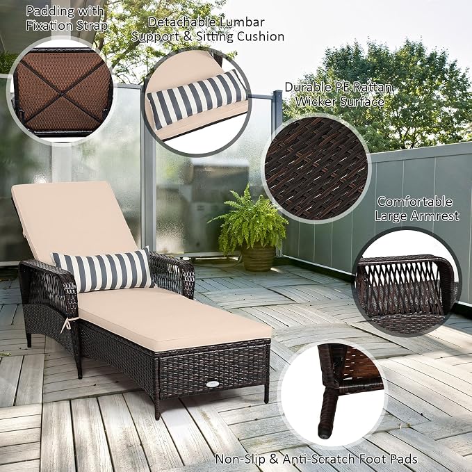 Tangkula Wicker Chaise Lounge Outdoor, Patio Rattan Reclining Chaise - Image 7