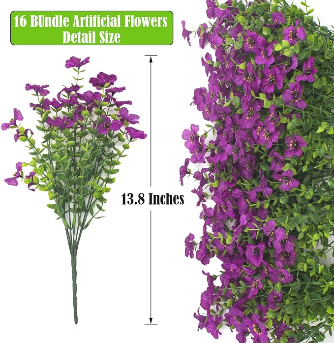 Artificial Fake Flowers for Outdoor Spring Decoration, 16 Bundles Faux Silk - Image 2