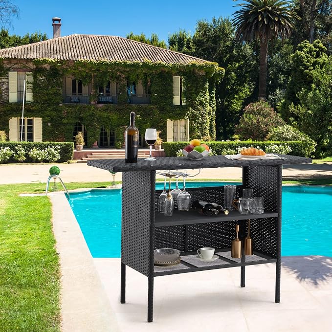 ECOTOUGE Black Wicker Bar Table, Outdoor Patio Console Table Serving Table - Image 2