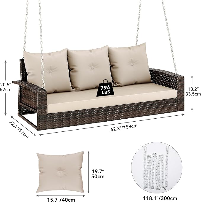 YITAHOME 3-Seats Wicker Hanging Porch Swing Chair Outdoor Gray Rattan Patio - Image 2
