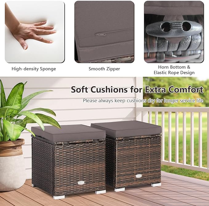 Tangkula 2 Pieces Patio Ottomans, Patiojoy Hand-Woven PE Rattan Side Table - Image 5