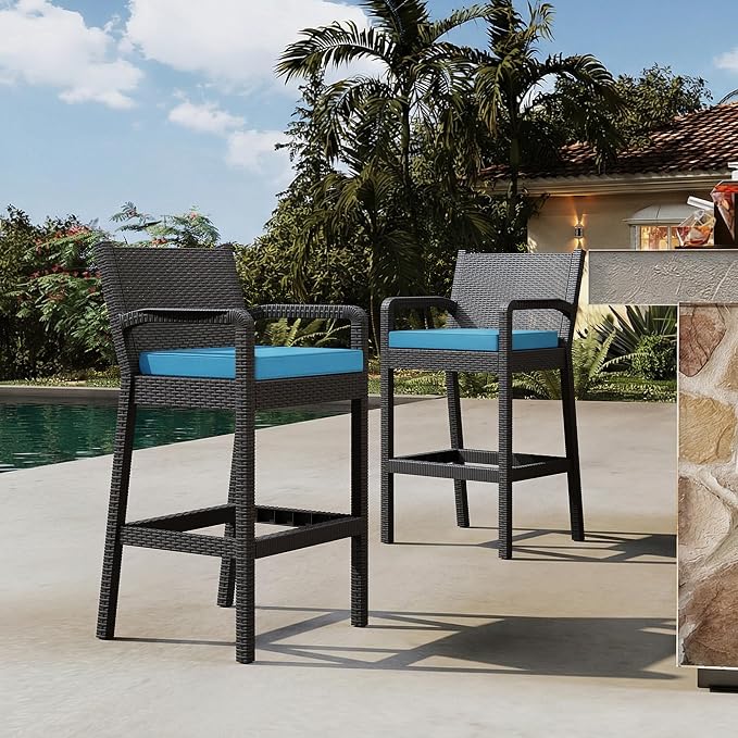 Outdoor Bar Stools Set of 2, Wicker Bar Chair - Image 2