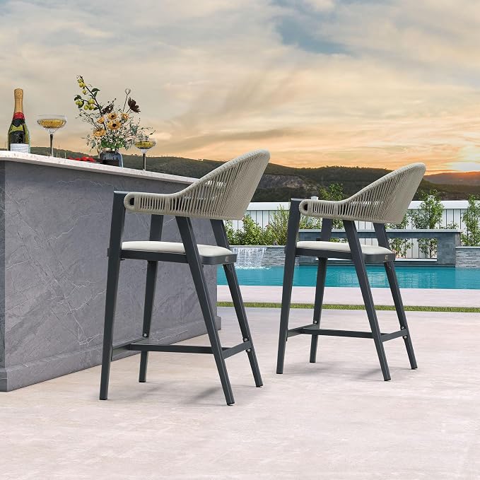 PURPLE LEAF Outdoor Counter Height Bar Stool Set of 2 Rattan Bar Chair - Image 3