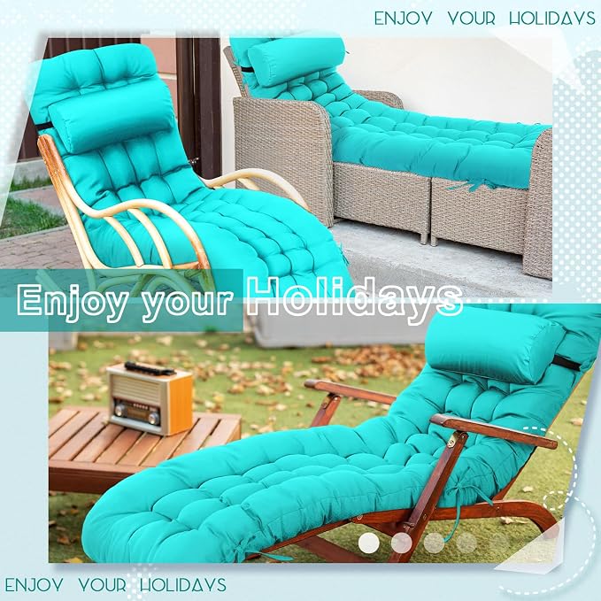 Tudomro 2 Pcs Peacock Blue 66'' Outdoor Chaise Lounge Cushion Waterproof Patio - Image 7