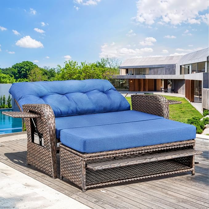 Patio Rattan Daybed, Wicker Recliner Loveseat by Bellefurn