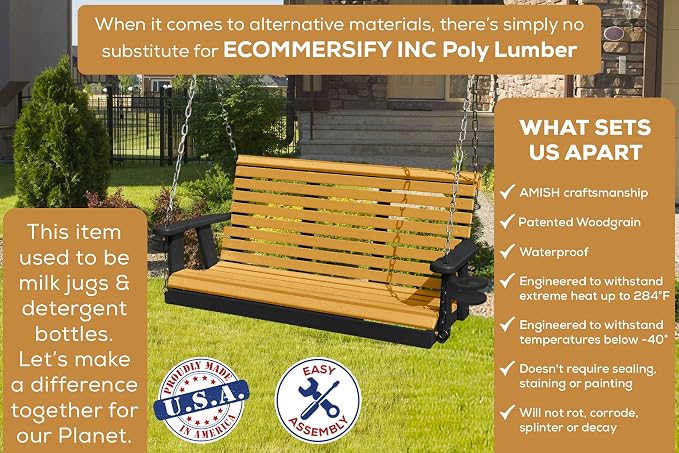 Poly Lumber Wood 5FT Porch Swing Amish Craftsmandship Made in USA HDPE - Image 3