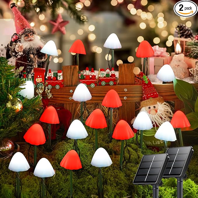 OZS 2PK 32LED 55FT Red and White Christmas Decorations Mushroom Solar Lights by OZS