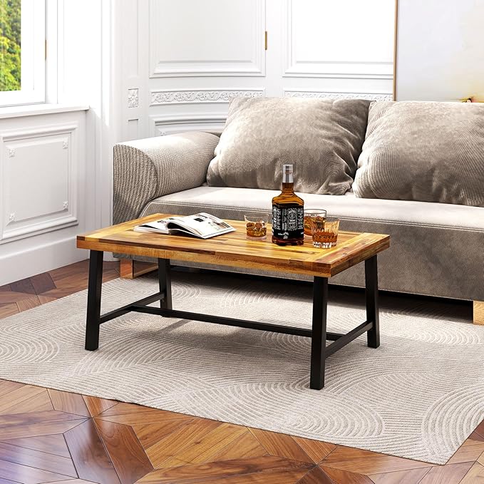 Tangkula Outdoor Acacia Wood Coffee Table, Rectangle Rustic Accent Table - Image 4