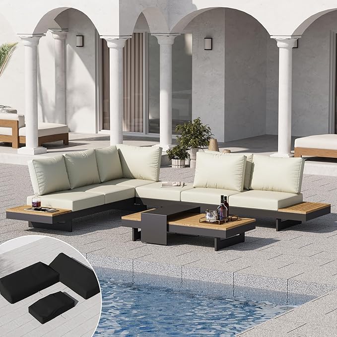 homary 6 Piece Aluminum & Teak Outdoor Sofa Set, Patio Conversation Sets by Homary
