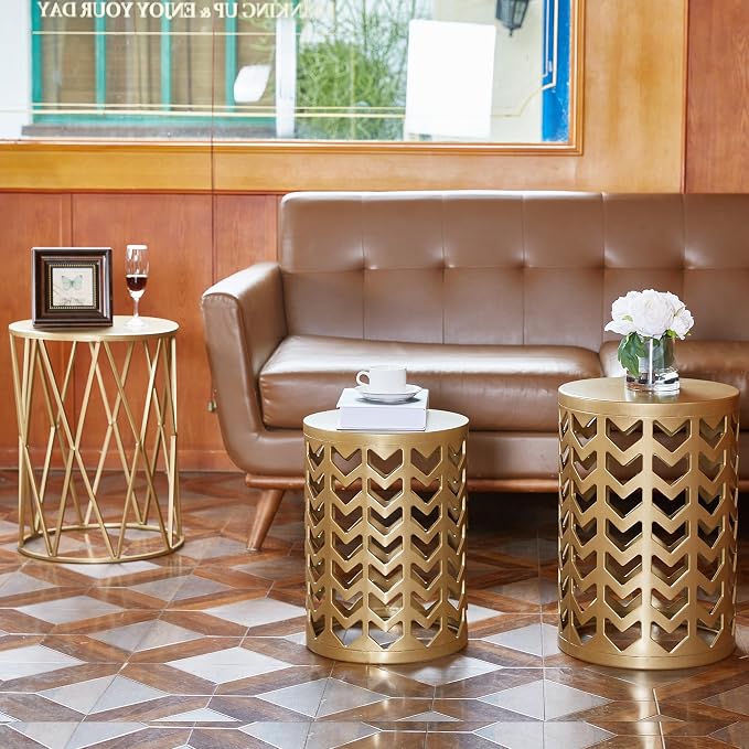 Y&M Set of 3 Gold End Tables, Nesting Metal Round Coffee Table, Heavy Duty - Image 6