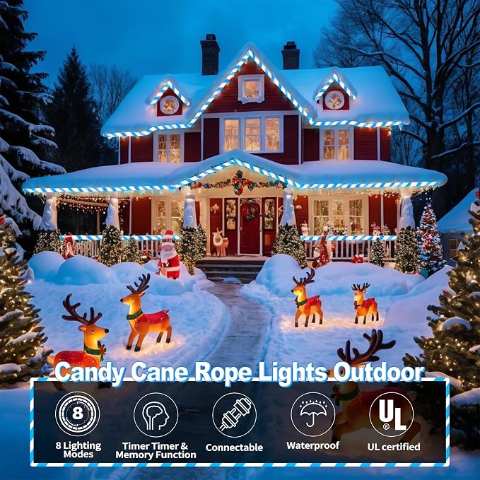 Jnaurb Christmas Candy Cane Lights, 66ft 480 LED Connectable Flexible White & - Image 2