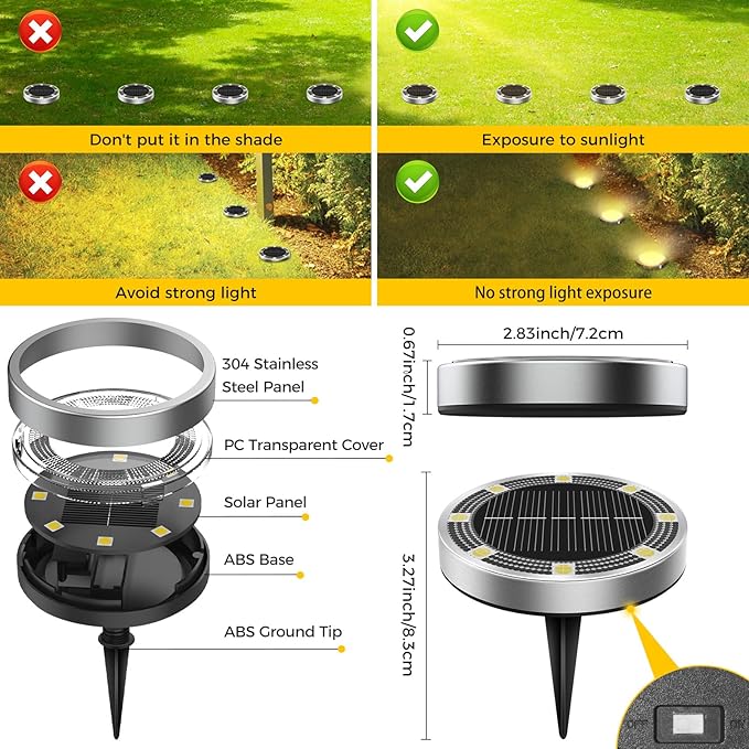 16 Pack Solar Ground Lights Outdoor, 8 LED Mini Flat Solar Disk Lights - Image 6