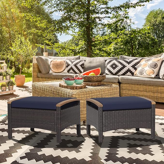 ORALNER Outdoor Ottoman, All-Weather Wicker Foot Stools w/Removable Cushions - Image 8