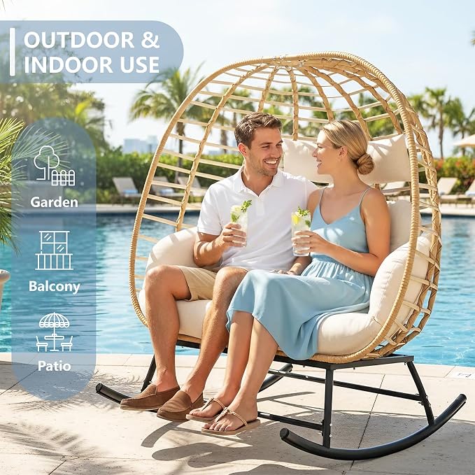 SWITTE Double Wicker Egg Rocking Chair Outdoor, Indoor Egg Swing Loveseat - Image 4