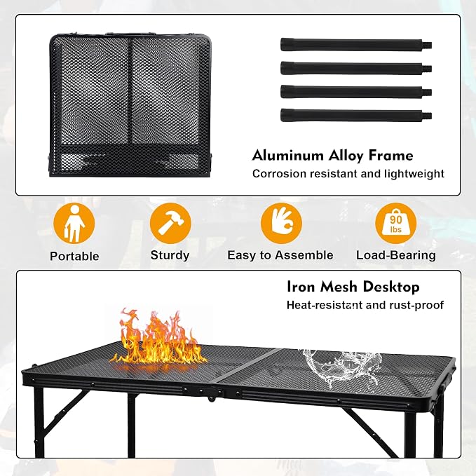 Camping Table with Mesh Desktop, Lightweight & Portable Folding Grill Table - Image 3