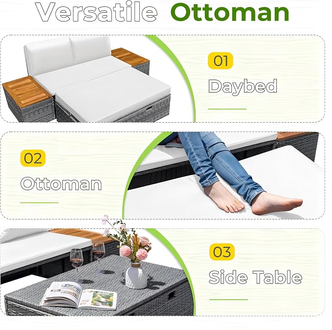 Greesum Outdoor Daybed Set Multifunctional Wicker Lounge Bed Furniture - Image 5