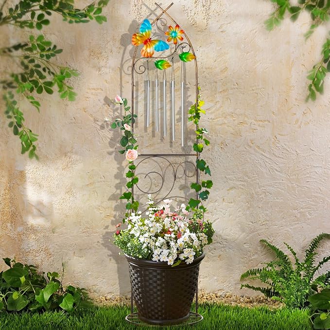 Plant Stands with Garden Trellis, 48” Metal Standing Wind Chimes Plant Pot - Image 7