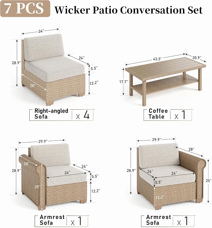 Patio Furniture Set 7 Piece, Wicker Rattan Sectional Sofa Couch - Image 5