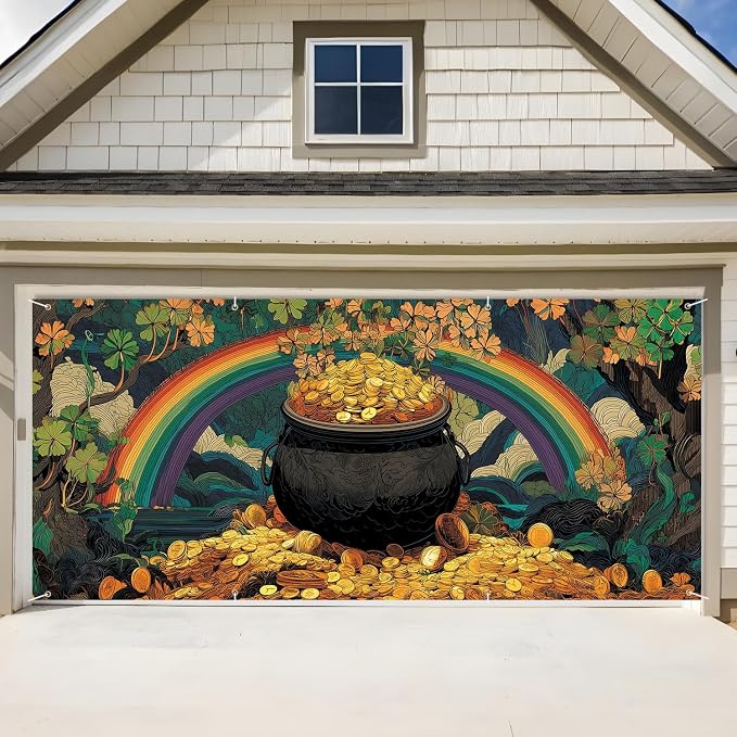ANNA QUEEN St Patrick’s Day Garage Door Banner 6x13FT, Rainbow and Pot of Gold by ANNAQUEEN