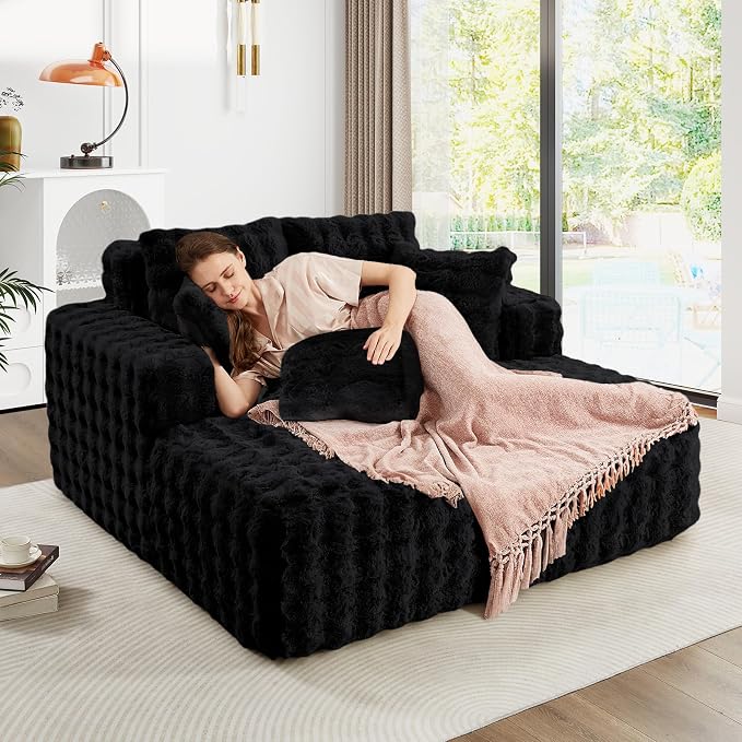 56" W Oversized Chaise Lounge Chair Indoor, Plush Faux Fur Sleeper Couch Sofa - Image 6