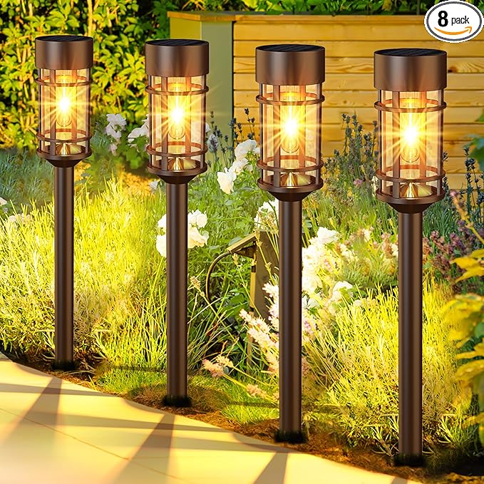 Solar Pathway Lights Outdoor Solar Lights 8 Pack Metal & Glass Design by ILANCK
