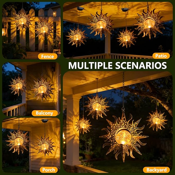 2 Pack Garden Decor Hanging Lanterns Outdoor Waterproof, Solar Lights Metal Sun - Image 3