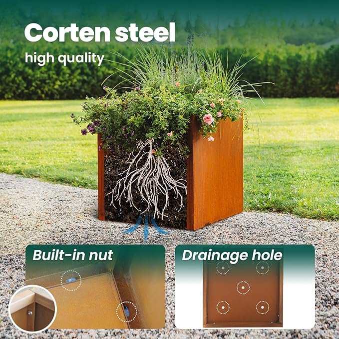 Corten Steel Planter Box Large Outdoor Planter 24 Inch Square Cube Planters - Image 5