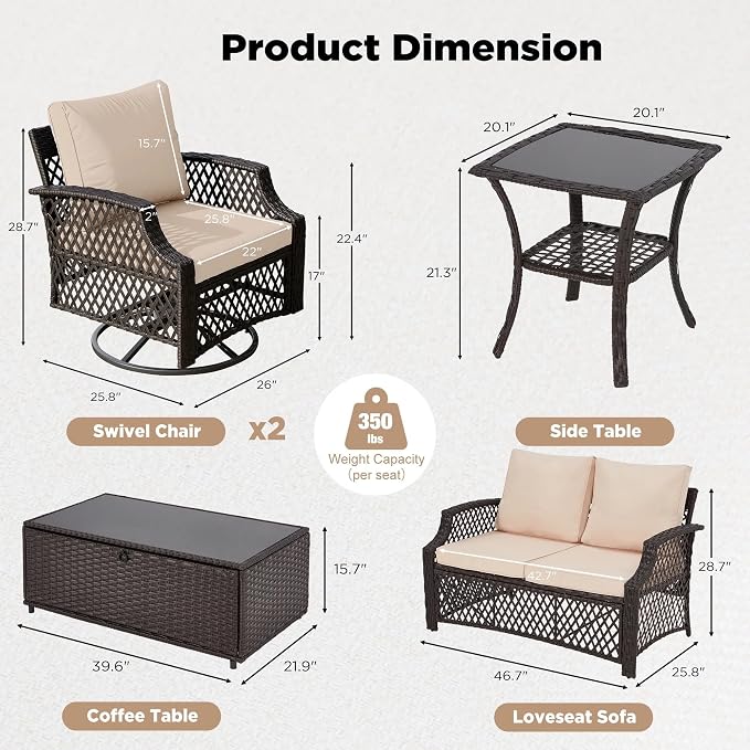 HOMREST 5 Piece Patio Furniture Set, Wicker Outdoor Conversation Sofa Set - Image 4