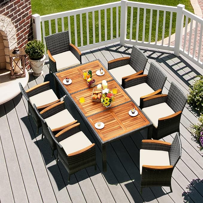 Tangkula 9 Pieces Patio Dining Set, Garden Acacia Wood and Wicker Furniture Set - Image 2