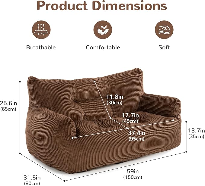 Pamapic 59" Bean Bag Chair, 2 Seat Loveseat Sofa, Ultra Soft Dutch Velvet - Image 2