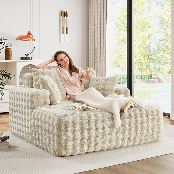 56" W Oversized Chaise Lounge Chair Indoor, Plush Faux Fur Sleeper Couch Sofa - Image 5