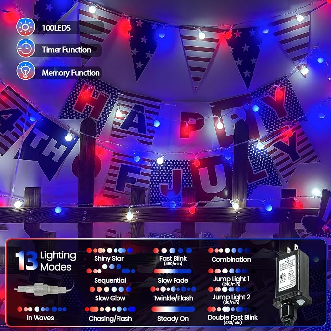 Connectable Red White and Blue String Lights Outdoor Indoor, 42FT 100LED 4th of - Image 4