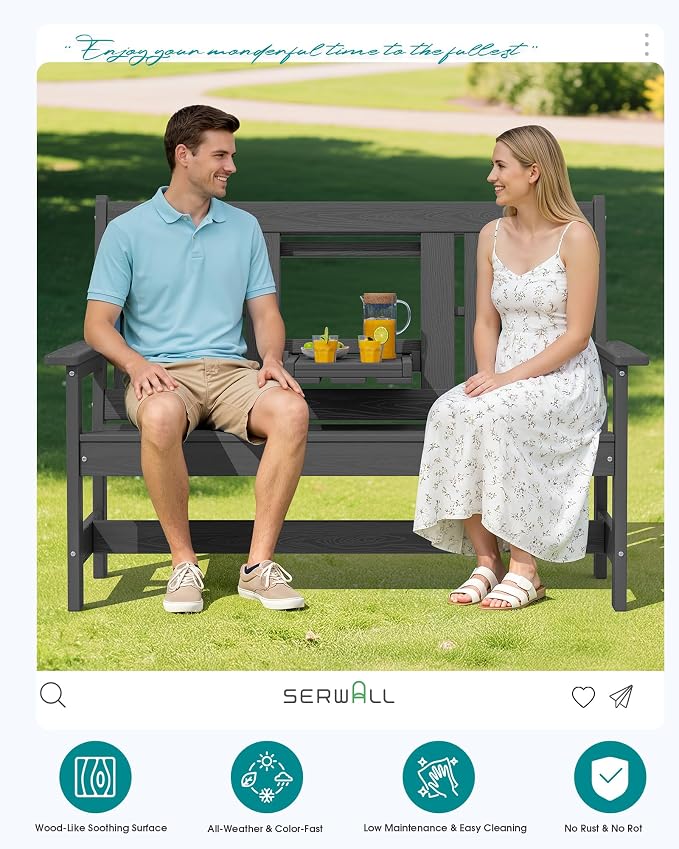 SERWALL Outdoor Bench with Cup Holder, All Weather Patio Benches with High - Image 9