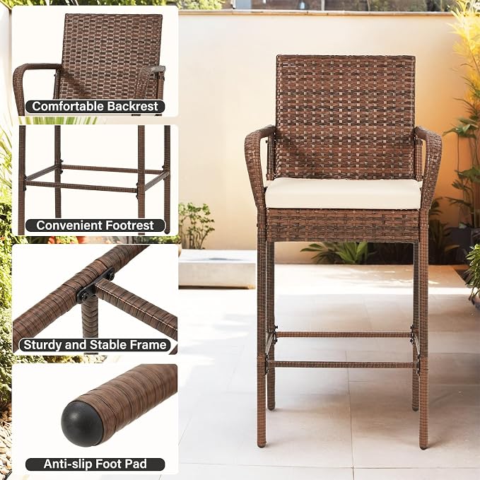ECOTOUGE Patio Rattan Barstools Set of 4, Outdoor Wicker Bar Height Chairs - Image 3