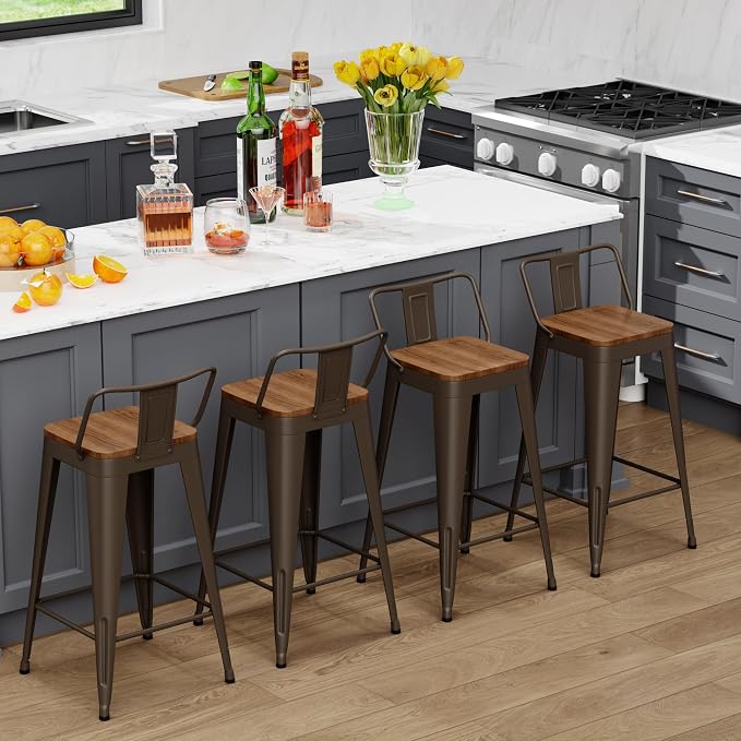 WENTMENT Industrial Rusty Bar Stools Set of 4, Wooden Seat, Removable Back - Image 3