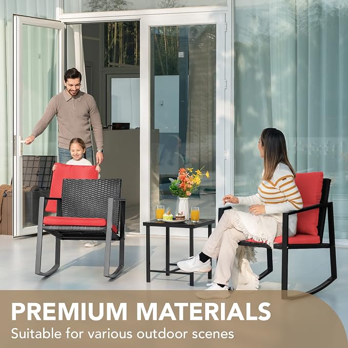 Devoko 3 Piece Rocking Bistro Set Wicker Patio Outdoor Furniture Porch Chairs - Image 4