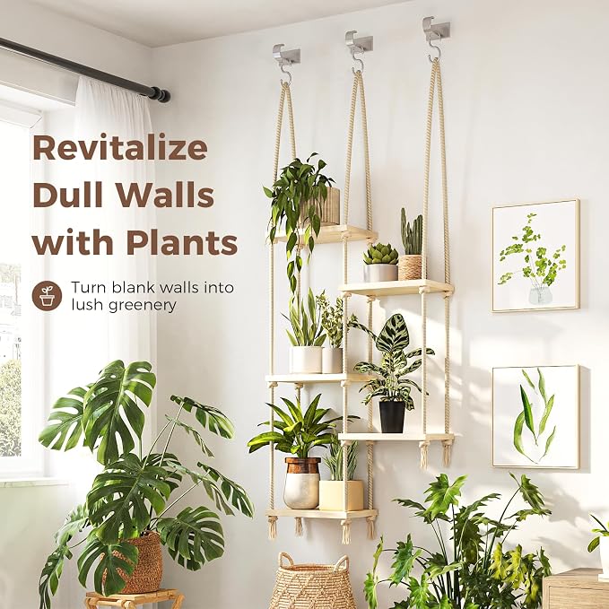 Bamworld Hanging Shelves Plant Hanger Indoor Window Plant Shelves Wood Plant - Image 3