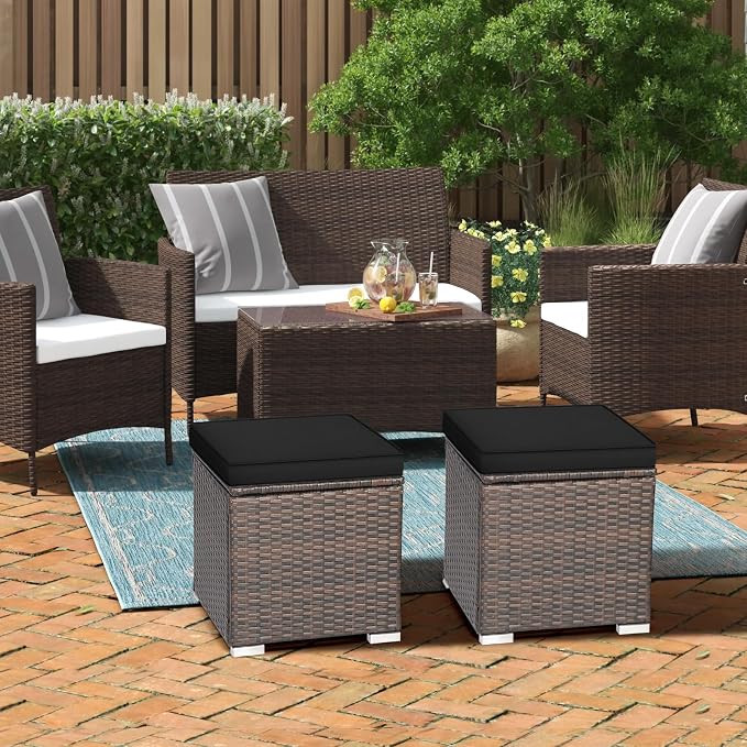 RELAX4LIFE Wicker Outdoor Storage Ottoman, 2-Piece Rattan Footstool w/Removable - Image 8