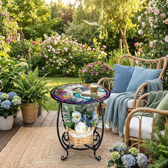 Outdoor Side Table Round Small Mosaic Patio Accent Indoor End Plant Coffee Tea - Image 6