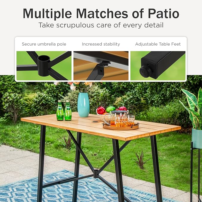 PHI VILLA Bar Height Patio Dining Table, Rectangle Steel Slatted Bar Dining - Image 4