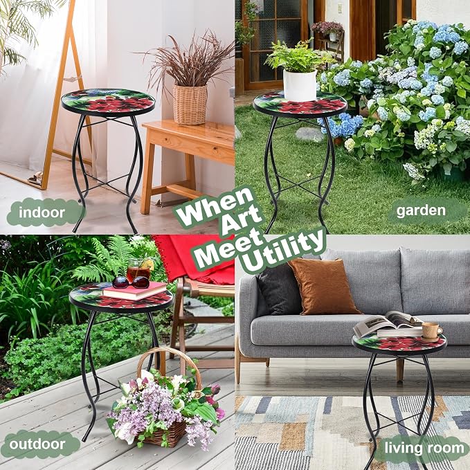 VCUTEKA Patio Side Table Outdoor Accent Table Small Mosaic Tables Coffee End - Image 7