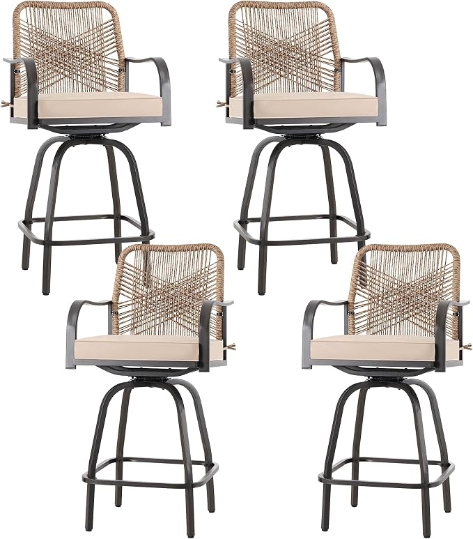 Patio Swivel Bar Stools Set of 4, Outdoor Rattan Height Bar Patio Swivel Chairs by Godappe