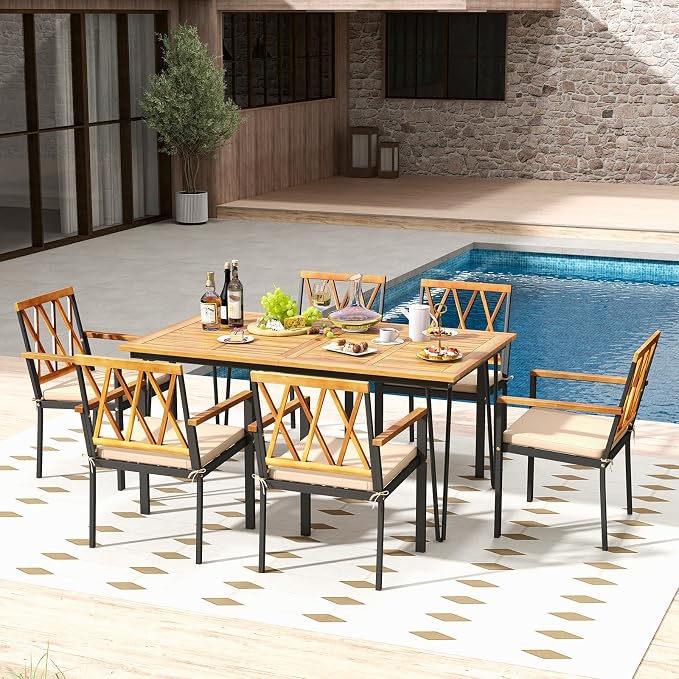 Tangkula 7-Piece Patio Dining Set, Acacia Wood Outdoor Furniture Set - Image 2