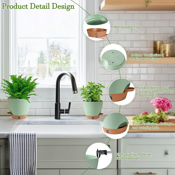 Self Watering Pots for Inoor Ourdoor Plants 8/7/6.5/6/5 Inch Plastic Planters - Image 9