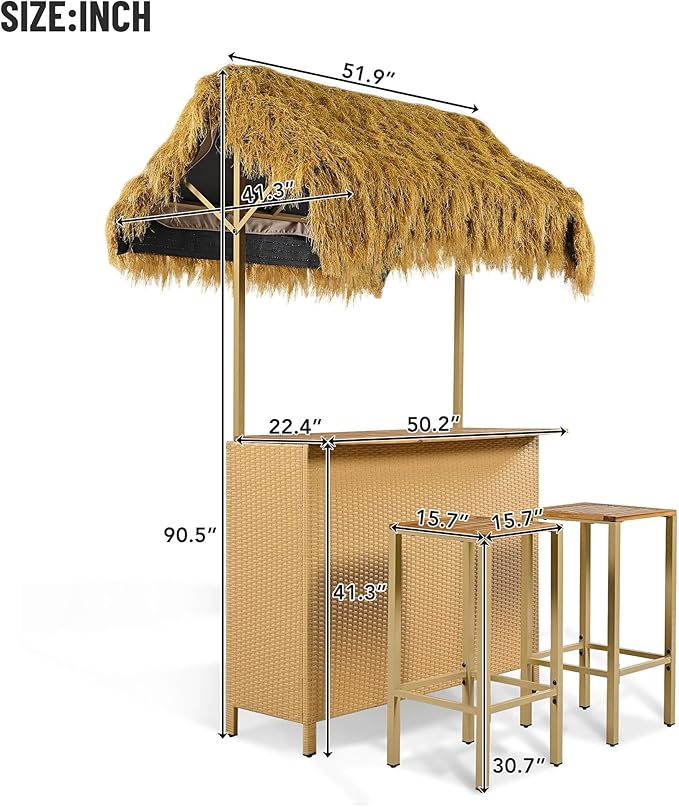 LUMISOL Outdoor Bar Table and Stools, Hawaiian Style Bar Height Patio Set - Image 7