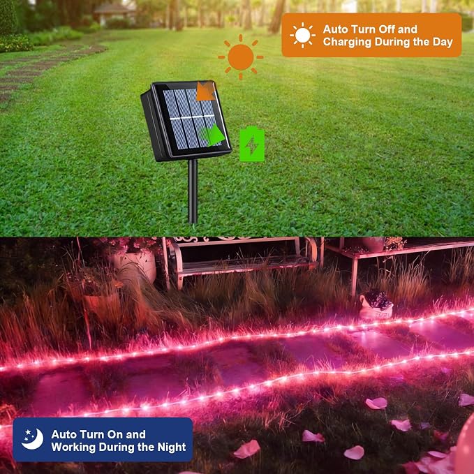 QITONG Pink Solar Rope Lights Outdoor, 2 Pack Each 33ft 100LED String Light - Image 3