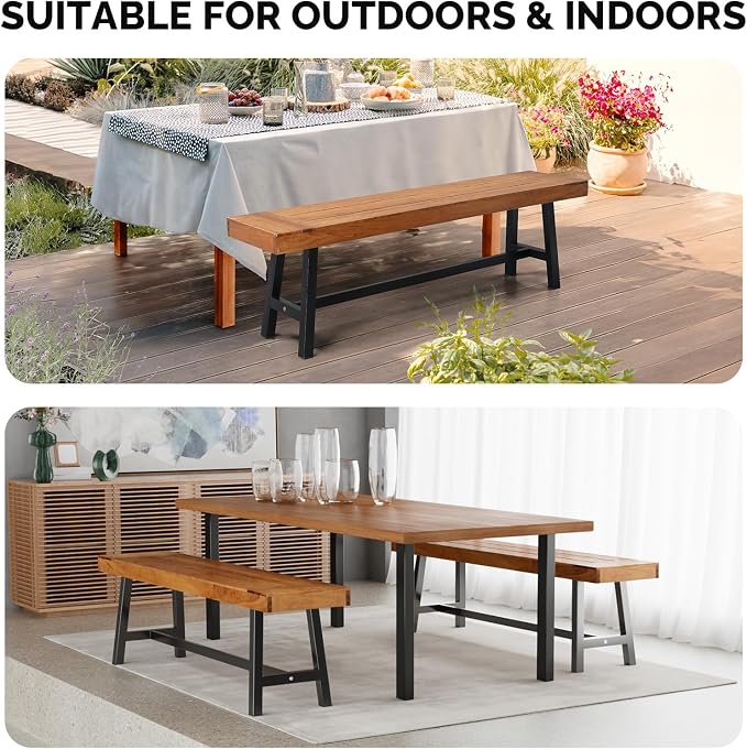 VINGLI Outdoor Bench with Metal Legs Rustic, Wood Dining Bench Indoor Outdoor - Image 4