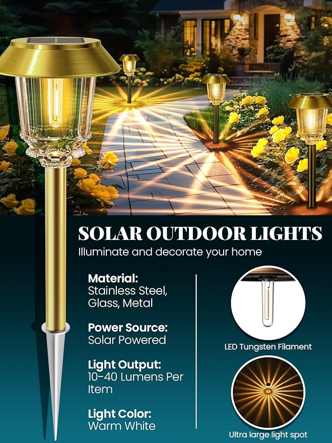 Solar Lights Outdoor Waterproof, 6 Pack Gold Solar Pathway Lights - Image 3