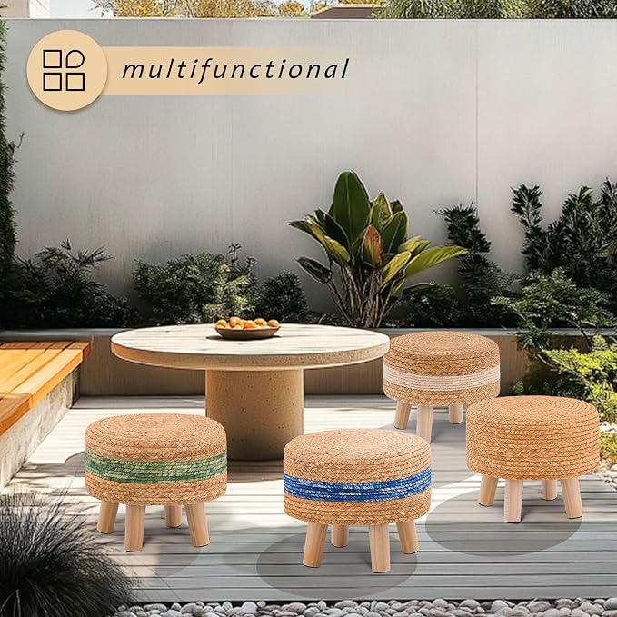 Handwoven Round Ottoman, Natural Water Hyacinth Outdoor Patio Pouf Seagrass Low - Image 8