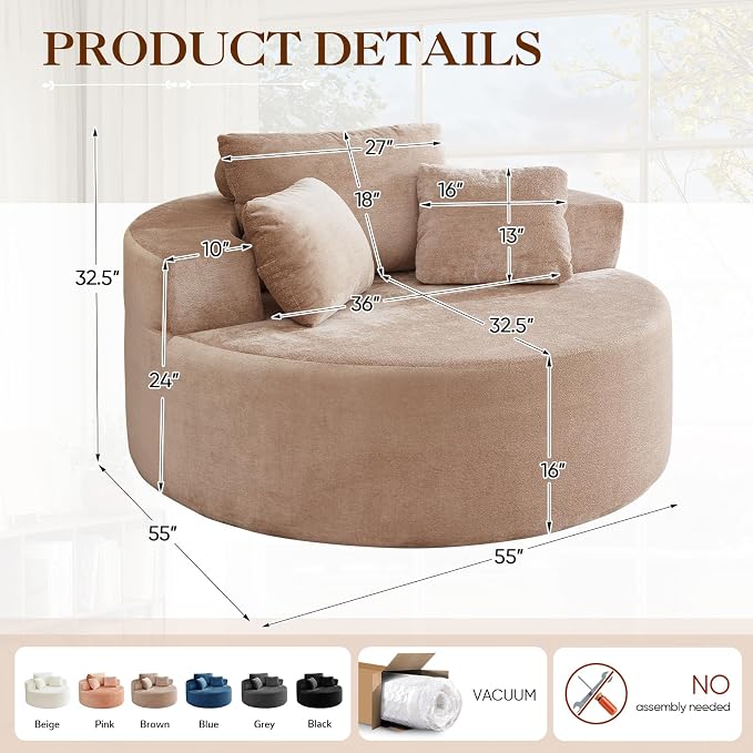 Antetek Oversized Round Chaise Longue Chair Indoor, Modern 55-inch Upholstered - Image 2